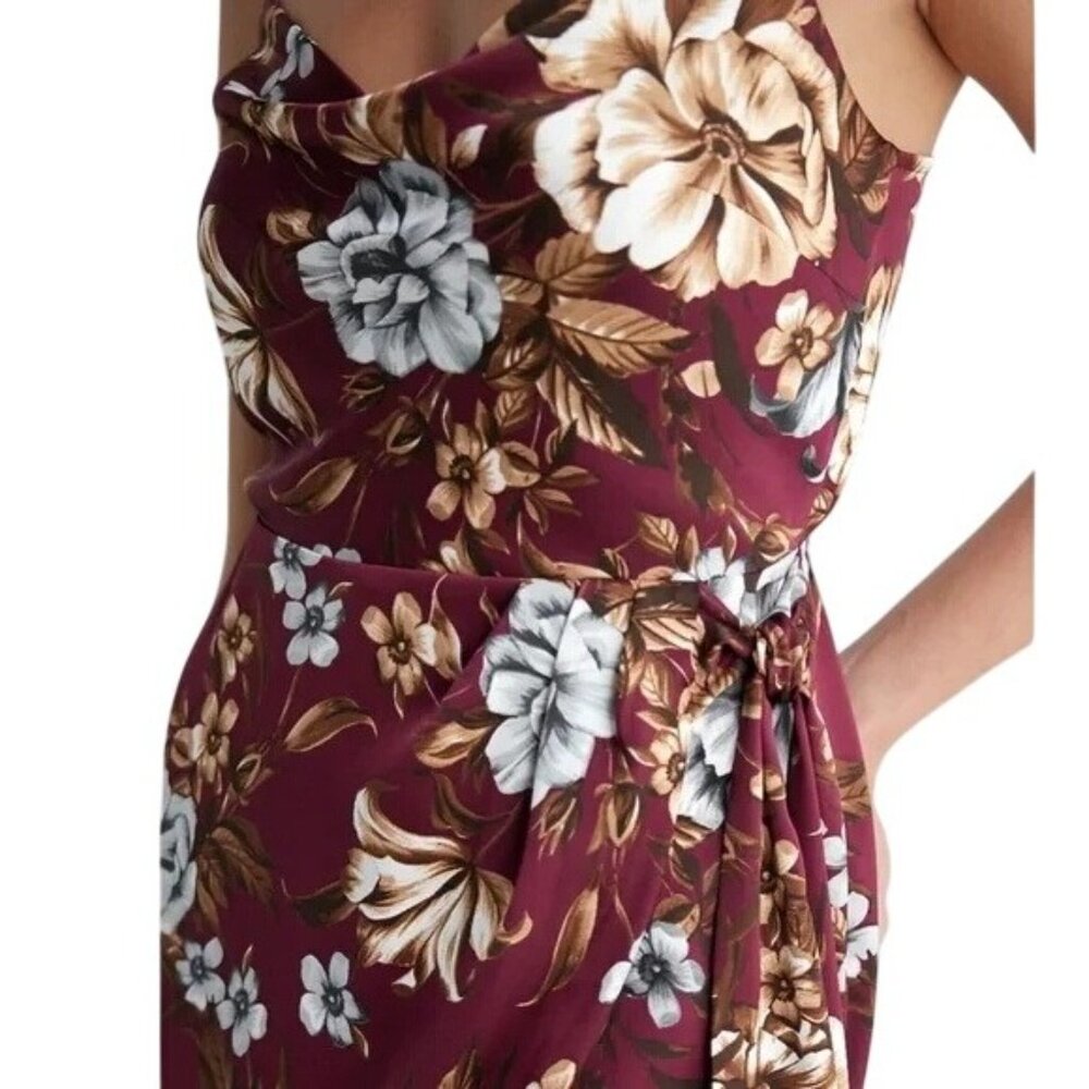 Express Size M Floral Burgundy Satin Midi Dress Cowl Neck Hi-Lo Beachy Whimsy - Picture 3 of 12